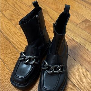 Ash Black Leather Ankle Boots with Chain Accent